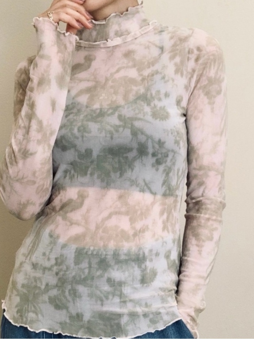 Pilcro Pastel Pink and Sage Sheer Ruffle Mock Neck Top